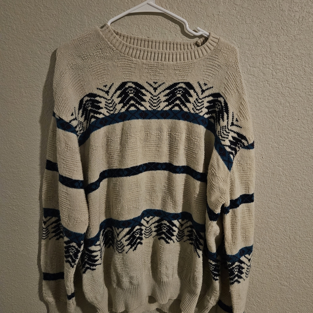Men's Beige and Navy Patterned Crewneck Sweater Vintage